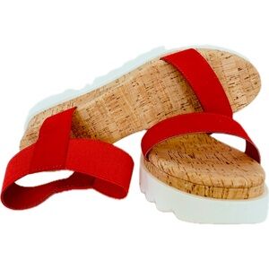 SUN & STONE•RED ELASTIC AND CORK SANDALS•SIZE: 10M